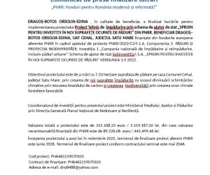 Anunţ finalizare lucrări împădurire, beneficiar Dragoş Botos Orsolya Edina, judeţul Satu Mare