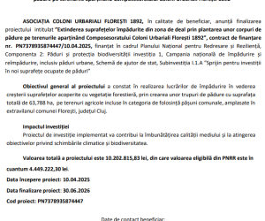 Comunicat presa finalizare proiect: ”Extinderea suprafețelor împădurite din zona de deal prin plantarea unor corpuri de pădure pe terenurile aparținând Composesoratului Coloni Urbariali Florești 1892”